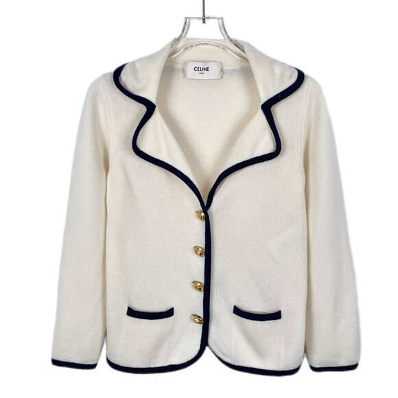 Celine White Cashmere Lapel Single Breasted Long Sleeve Knitted Cardigan Coat Wi - Picture 1 of 8